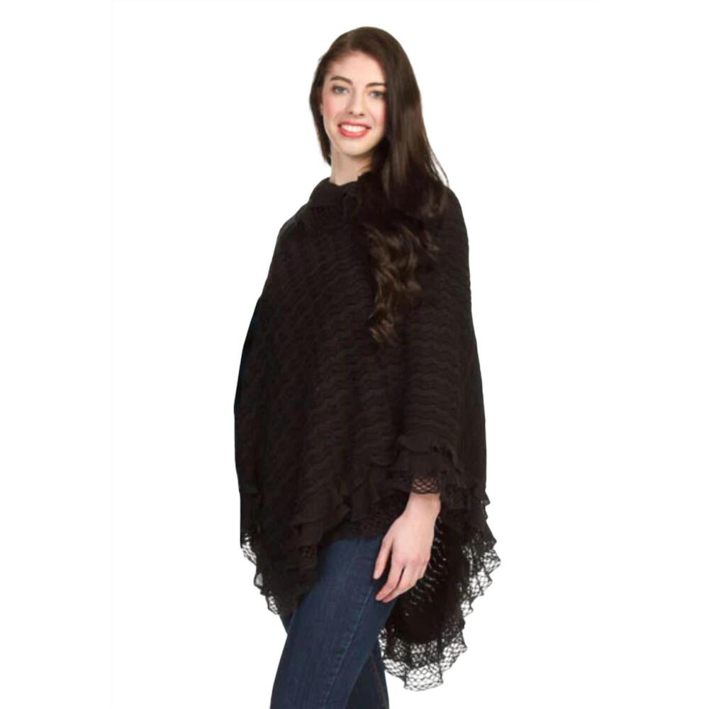 NEW PAPILLON scallop hem chevron stripe poncho in black